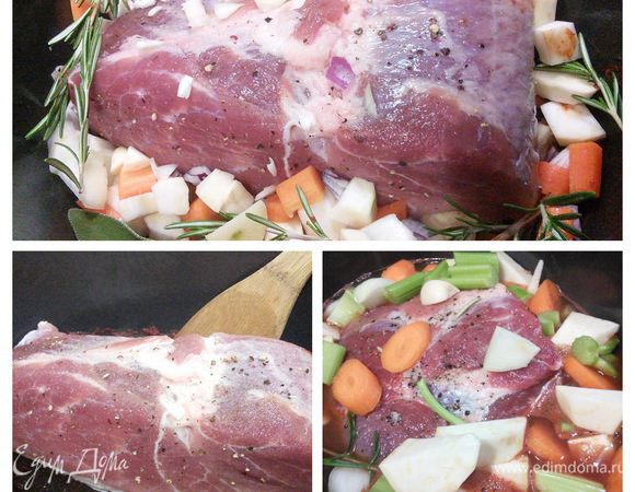 Мясо поместить в емкость кожицей вниз, влить вино и бульон, выложить вокруг порезанные на кубики овощи, розмарин и чеснок. Запекать 30 мин на втором снизу ярусе духовки. Теперь температуру в духовке снизить до 180°С (это важно, иначе корочка обгорит). 