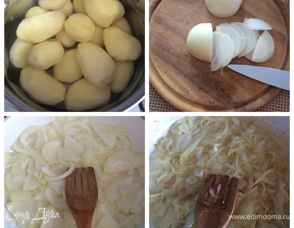 Картофель чистим, загружаем в кастрюлю, заливаем холодной водой, доводим до кипения и кипятим ровно 3 минуты. 
Пока закипает вода и варится картофель, чистим лук, нарезаем полукольцами, обжариваем на растительном масле, туда же в сковороду отправляем чищенный и нарезанный чеснок.