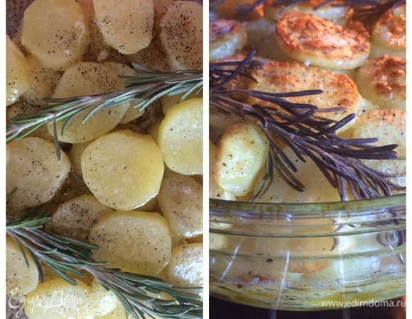 Сверху я положила веточку розмарина и отправила в разогретую до 180 градусов. Запекаем картофель 45-50 минут.