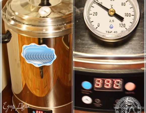 С этим сыром, вернее сказать, для этого сыра. В общем, процесс приготовления этого сыра весьма хлопотен. Не сложен, но повозиться надо. Поэтому мы используем для его приготовления вот такой стерилизатор молока. Практически — сыроварня.
И сразу замечу, что весь процесс превращения «просто молока» в «сицилианский сыр» будет происходить при температуре 38-39 градусов. Внутри сыроварни надо поддерживать эту температуру, на всех стадиях. 
Сыроварня эта устроена так. Есть бак, в который собственно и заливается исходный продукт, молоко который. Этот бак вставляется внутрь корпуса сыроварни. Между ними, баками, заливается вода, другими словам - теплоноситель. Блок управления (цифры на нем светятся) позволяет поддерживать температуру этого теплоносителя в течении того времени, которое нужно для процесса приготовления. Поэтому процесс этот облегчается. Не так хлопотно становится.
А вот термометр со стрелочкой — это уже температура молока внутри бака, в котором и происходит превращение оного в это все последующее «и т.д.».