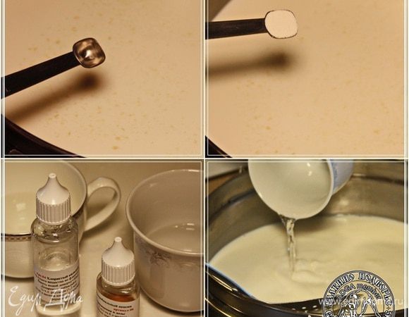 Как только молоко нагревается до температуры 38-39 градусов, добавляем в него закваски. Мезофильную и термофильную по 1/4 ч. л. на это количество молока.
Внимание! Это важно! Количество заквасок и прочего очень сильно зависит не только от количества исходного продукта (молоко), но и от его качественных характеристик, как-то, например, жирность, белок, плотность и прочее.
Дать постоять минутки три и перемешать. А потом добавить растворы хлористого кальция и пепсина. Кальций добавляем из расчета 1,2 мл на 10 литров молока. Пепсин — то же количество, но считаем от 8 литров.
Очень хорошо перемешиваем молоко. Тщательно.