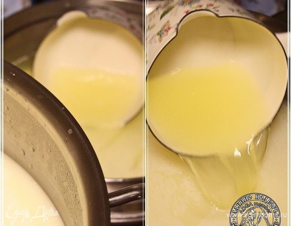 Аккуратно, чтобы сгусток не повредить сыворотку удаляем из емкости.