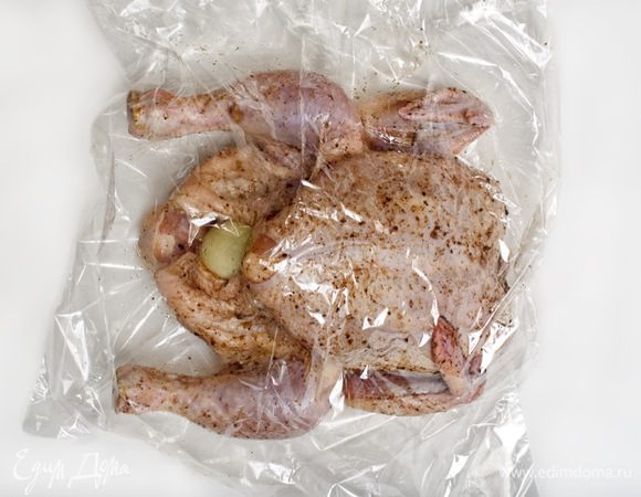 Цыпленка вымыть, просушить бумажным полотенцем. Полученной смесью приправ обмазать цыпленка (изнутри и снаружи). Внутрь цыпленка поместить целую очищенную луковицу. Затем переложить цыпленка в целлофановый пакет и убрать в холодильник на 5 часов.
