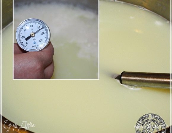 Сыворотки у нас остается от приготовления сыров всегда и много. Ну и грех, сами понимаете, не воспользоваться. Хлопотно, конечно, немного, но оно того стоит. Вот такая она, сыворотка. Сразу после того, как из нее извлекли сырное зерно. Разные сыры готовятся с применением разных или заквасок, или ферментов, но сыворотка остается всегда. Нагреваем сыворотку до восьмидесяти пяти градусов. Никаких кипячений, а именно нагреваем.