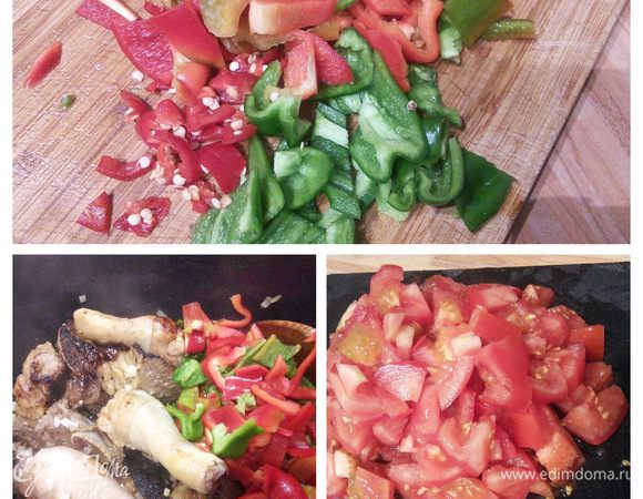Добавить острый перец, предварительно очистив его от семян и порубив на кубики. Тоже самое сделать и с перцами. Добавить в кастрюлю помидоры, предварительно очистив их от кожуры и порезав на кубики. 