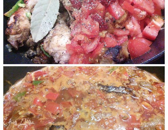 Теперь пришла очередь томатной пасты, лаврового листа, зиры (кумина). Посолить, поперчить, влить половину бульона или воду, дать закипеть, уменьшить огонь и варить пока количество жидкости не уменьшится на половину. 