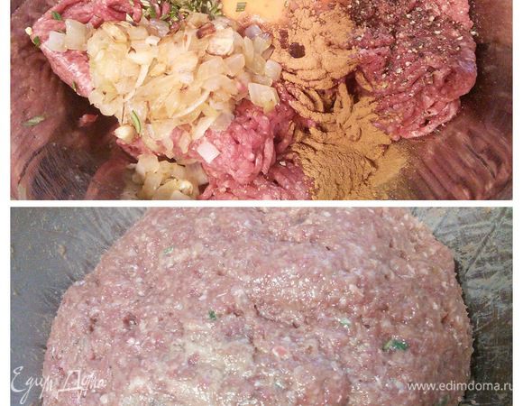 Готовим фарш: если у вас говядина куском, то нарежьте на мелкие кусочки и готовьте фарш в блендере, так он выйдет однороднее. У меня готовый фарш, поэтому я положила его в миску, добавила яйца, специи, розмарин свежий или сушеный по-вкусу, крахмал (у меня сода на кончике ножа), пассерованный лук и портвейн, в котором замачивалась слива, и тщательно вымесила фарш. Его надо хорошо отбить, так он тоже станет однороднее. Накройте миску и поставьте в холодильник на 40 мин. 