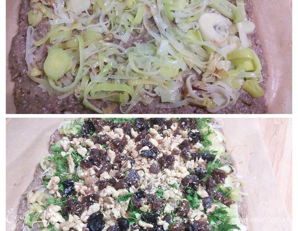 Распределим порей по поверхности фарша, выкладываем сверху рубленную петрушку, мелко нарезанный чернослив и рубленные орехи. С помощью бумаги свернём в рулет, тщательно защипнём края и положим наш рулет на 20 мин в холодильник. 