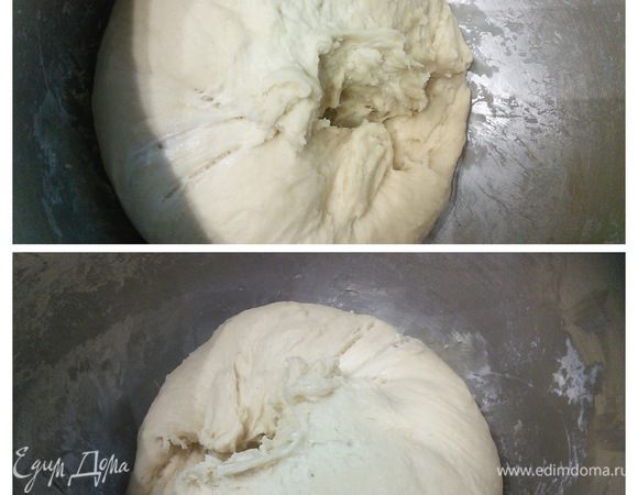 В день выпечки вынуть тесто из холодильника и оставить на 1,5 часа при комнатной температуре для акклиматизации. Вот так выглядит тесто после расстойки в холодильнике и после 1,5 часов акклиматизации. 