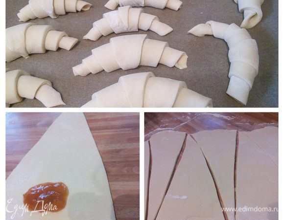 Тесто тонко раскатать на посыпанной мукой поверхности в прямоугольник величиной примерно 30*40 см и вырезать треугольники с острыми концами. У меня получилось 13 шт. Каждый скрутить в рогалик. 

* рецепт теста базовый: это значит, что рогалики можно сдобрить вареньем или другой начинкой. 
