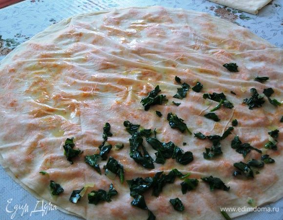 Сверху разложить второй слой теста фило, смазать его маслом, посыпать шпинатом.