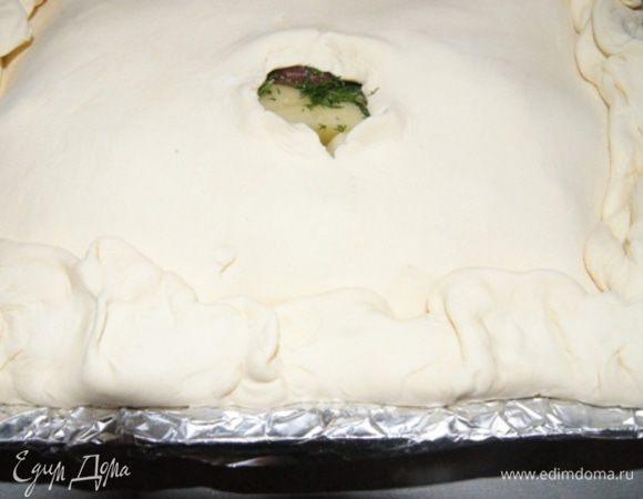 Накрыть вторым раскатанным пластом теста, защипнуть все края. В центре теста сделать небольшое отверстие и влить немного воды. У меня была баранина с жирком, я влила около 80 мл воды (если жирная баранина, можно обойтись и без воды).