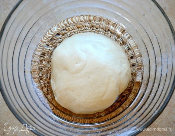 Готовое тесто получается очень пластичным и хорошо отстает от рук. Выложить тесто в миску, слегка присыпанную мукой. Накрыть пленкой или кухонным полотенцем и поставить на расстойку на 1 час в тёплое спокойное место. Я ставлю в духовку, включенную в режиме "свет". 