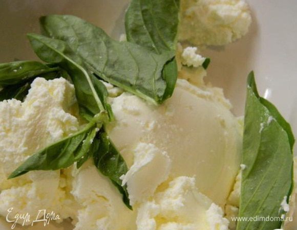 В миску выложить сыр комнатной температуры и листики базилика.