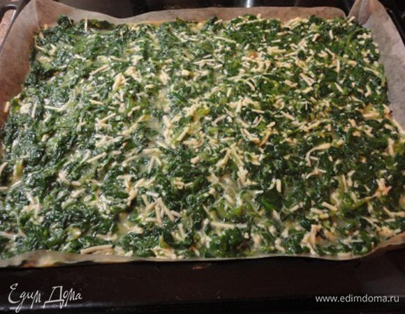 Шпинат разморозить в дуршлаге, дать стечь жидкости, можно даже слегка отжать. Сыр (любой твердый) натереть на мелкой терке. Яйца взбить с солью венчиком или вилкой, поперчить и смешать все ингредиенты. Противень застелить бумагой (примерно 28х38 см), смазать ее растительным маслом. Я недостаточно отжала шпинат, и масса получилась жидковатой, поэтому пришлось все четыре уголка скрепить степлером и таким образом сформировать небольшие бортики. Вылить смесь, разровнять и выпекать в духовке 10 минут при температуре 200°С. Остудить на бумаге.