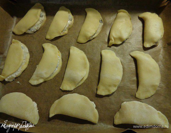 На застеленный пергаментом противень выкладываем заготовки сочников, смазываем их яичным желтком (или слегка взбитым яйцом) и отправляем в разогретую духовку на 20-25 минут или выпекаем до золотистого цвета сочников.