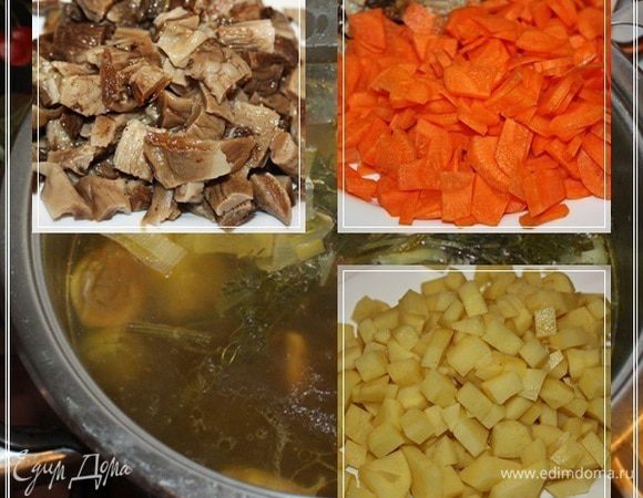 В этот момент можно «…очистить, кто хочет паюсною икрою…» или «…осветлить взбитым яичным белком…». Но! Паюсной икры у нас в сельпо не оказалось, сказали — спроса нет, а к Елисееву ехать далеко было, да и лень. Хотя и там, вряд ли. А осветлять белком, да бульон и так получился практически прозрачным. Так что, мы не стали.
Вот теперь речь пойдет о том, что в рецептах у Елены Ивановны нет. И то, что многие апологеты чистоты ушных принципов не приемлют. Но! Уху варю я, для себя, и поэтому — «все в сад». Я делаю так, как нравится мне и моей семьи. Не хотите? Не ешьте. А мы будем! И спорить не станем.
Порезать грибы. Так, как обычно для супа режем. Мельчить не надо, но и большие куски ни к чему. Морковочку нарезать тоненько. Чтобы и сварилась быстрее и есть было удобнее. Картошка. Тоже порезать некрупными кубиками.