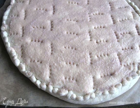 Наколоть пирог вилкой в шахматном порядке.
Поместить в духовку на 50 минут (время примерное, после 40 минут проверьте, как он зарумянился, проткните зубочисткой: на ней не должно остаться следов теста). Расположение пирога — нижняя треть духовки. 
