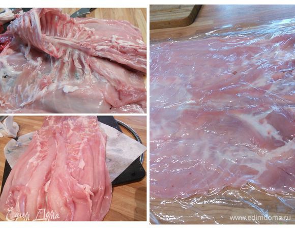 Понадобится тушка крупного кролика, желательно с внутренностями. Из них в начинку идёт печень кролика. Но не беда если её нет, можно заменить на куриную (я печень исключила вообще). 
Для начала нужно отделить тушку кролика от задних лап и плечевого отдела, т. е. у вас должен остаться средний сегмент тушки. У меня был не очень крупный, поэтому я оставила и рёберный отдел тушки. Разложите его на досточке и не крупным острым ножом аккуратно отделите позвоночные и рёберные кости от мяса (процесс кропотливый, но выполнимый). Поместите мясо между двумя кусками плёнки и слегка отбейте. 