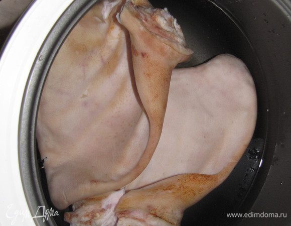 Положить уши в кастрюлю, добавить два с половиной литра холодной воды и варить после закипания 2,5 часа. Я варила уши в мультиварке.