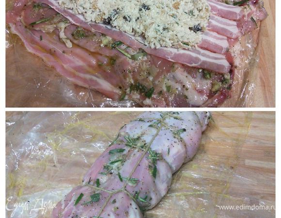 Мясо разложите прямо на плёнке, по середине выложите полоски бекона (если избегаете бекон, замените его несколькими кусочками масла) распределите по бекону начинку и с помощью плёнки заверните в рулет. Зафиксируйте рулет кулинарным шпагатом. 