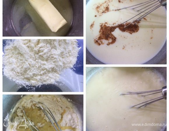 В сотейнике растапливаем масло, добавляем муку. Полученную смесь хорошенько перемешиваем и прожариваем пару минут. Тонкой струйкой наливаем молоко, тщательно перемешивая смесь, чтобы избежать получения комочков.
Постоянно перемешивая, варим соус до загустения, солим и добавляем мускатный орех.
Соус готов. 
Можете приготовить свой вариант соуса, к примеру добавив еще сыр, будет тоже очень вкусно.