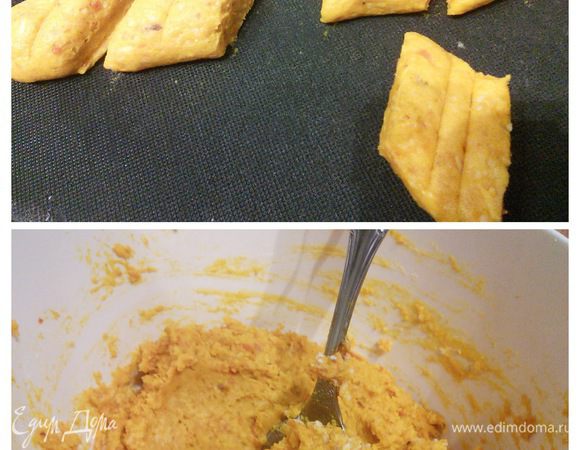 Припылите мукой рабочую поверхность и скатайте тесто в колбаски, разрежьте на кусочки. Не забывайте посыпать тесто мукой, помогайте себе, присыпая ею рабочую поверхность. 