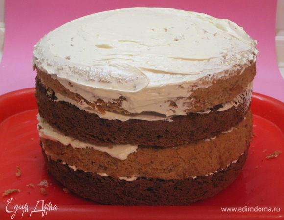 На него выложить корж орехового бисквита, промазать кремом. Так чередовать коржи с кремом.