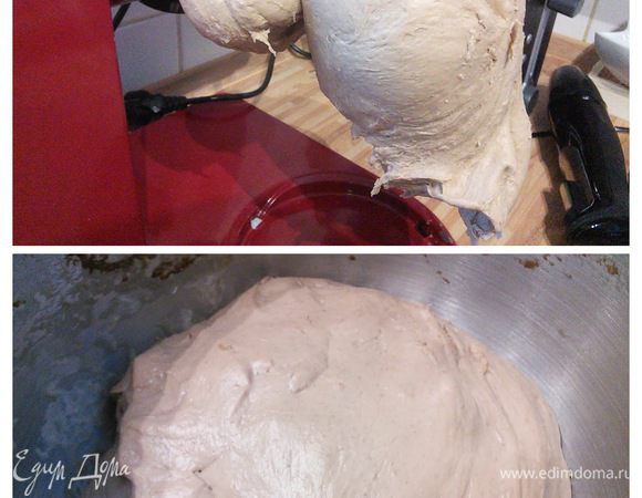 Тесто до и после подхода. Довольно плотное матовое тесто после расстойки становится более эластичным и блестит. 