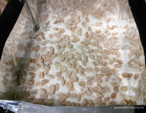 Бисквитное тесто распределить равномерно по форме, выложить грубо побитым арахисом (у меня половинки). 