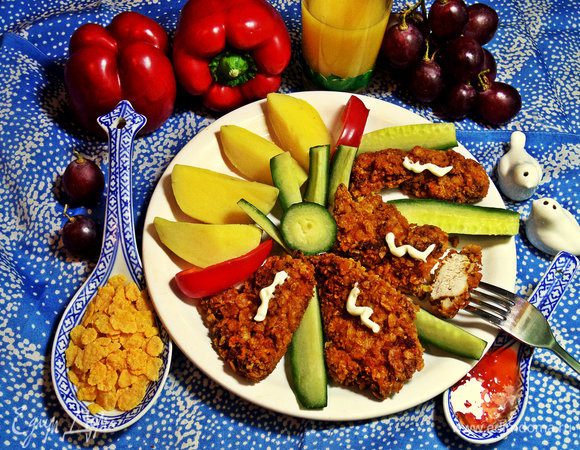 Очень вкусные пикантные кусочки курицы получаются в хрустящей панировке. Детям моим нравится!