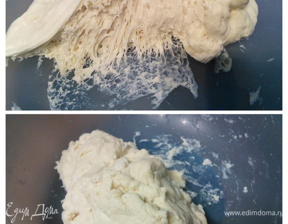 Для опары смешать муку с солью и разведёнными в тёплой воде дрожжами. Комочек опары накрыть плёнкой и поставить в холодильник на 48 часов. Вот какой зрелости опара получается после долгой холодной ферментации. 