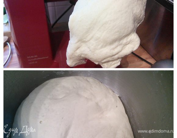 Накройте плёнкой и поставьте в тёплую духовку (25°С) на 90 минут для подхода. Через 30 и 60 минут тесто необходимо обмять. 