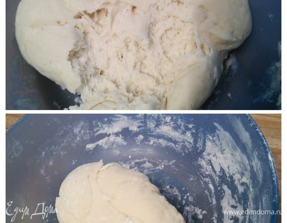 Для опары смешаем муку с разведёнными в тёплом молоке дрожжами. Получится довольно тугой комок теста. Накрываем плёнкой и ставим в прохладное помещение без сквозняков приблизительно 16°C (это может быть погреб или не отапливаемая  спальня с открытой форточкой) на 18 часов. Удобно это сделать с вечера.