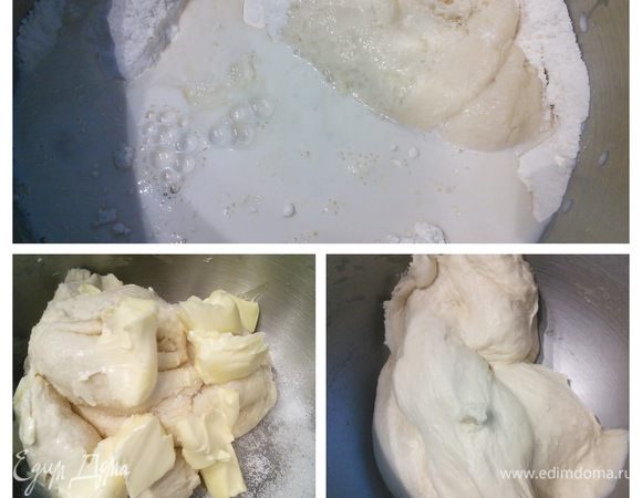 С утра смешаем в комбайне опару с остальными ингредиентами основного теста кроме сахара и масла 5 минут на малых оборотах, затем увеличиваем скорость до второй ступени и вымешиваем еще 10 минут. Добавляем размягченное масло и сахар и продолжаем замес в течении ещё 10 минут. По необходимости можно добавить чуть муки. Следите за тем, чтобы масло полностью вмешалось в тесто. Оно должно получиться гладким и эластичным.