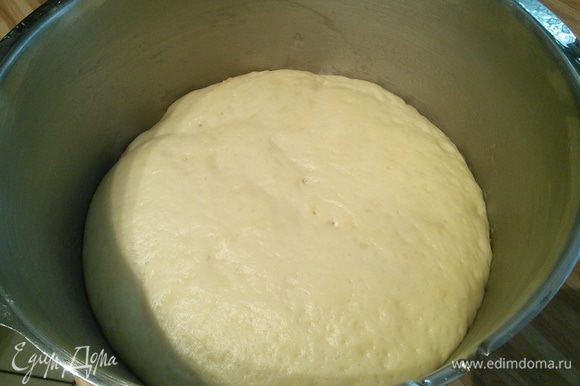 Отправляем тесто под плёнкой в тёплое место на расстойку на 2 часа (у меня это разогретая до 25°С). Через 1 час тесто необходимо обмять. Тесто отлично подходит и увеличивается в объёме в три раза.