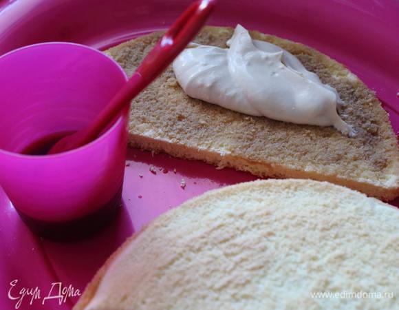 У меня форма широкая, 26 см. Потому я разделила бисквит на половинки и собирала торт в форму полукруга. Каждый корж пропитать сладким кофе и намазать кремом. Готовый торт обмазать сверху и по бокам.