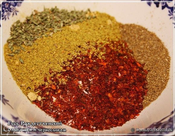 Пока гуси проветриваются, готовим спесь специй и приправ.
Что положили в чашку? Соль — это раз. Три столовые ложки. Чабрец — ложку столовую, или полторы. Перцы. Мы взяли столовую ложку с верхом красной паприки дробленой. Не молотой, а именно дробленой. Красного жгучего — на кончике ножа. Черного — чайную ложку. Имбирь молотый. Неполную, в общем, без верха, столовую ложку. И карри. Тут сугубо по вкусу. Можно добавить еще что-нибудь, если душа потребует.
