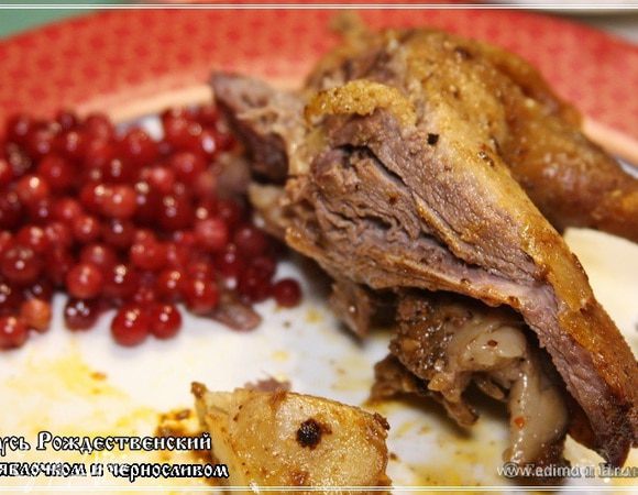 Что и подтверждается, когда его есть начинаешь. Кожа, поджарена в меру и хрусткая, мясо сочное, не пересушенное, жирком слегка исходит! Объедение. Отвечаю!
А в качестве гарнира, как было сказано, лучше всего приготовить моченую бруснику.
Как? Лучше всего с осени. Залить бруснику слегка (исключительно по вкусу) подсахаренной водой. Тут надо исходить из сочности, сладости или, наоборот, кислости ягоды. Если любите — добавьте там корицы, гвоздики. Но я не стал. Излишняя пахучесть — ягоду портит. Вот. Насыпать ягоду в банку, да и залить этим самым рассолом сладким так, чтобы ягоды на полтора пальца им прикрылись. Раствор — рассол горячий должен быть естественно. Банку закупорить, остудить и в прохладное место. Месяцок постоит и…
Ангела вам за трапезой!