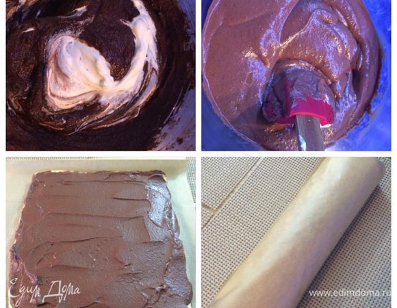 Разворачиваем остывший рулет, равномерно распределяем крем и сворачиваем рулет обратно. Заворачиваем рулет в фольгу/пекарскую бумагу и отправляем в холодильник на пару часов (у меня на ночь).