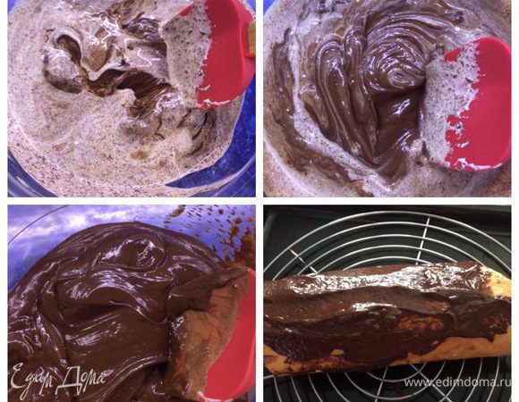 Готовим ганаш. Разогреваем сливки, но не кипятим. заливаем сливками шоколад. Ждем минуты 2 и хорошо перемешиваем до однородной консистенции. Добавляем растопленное сливочное масло и опять перемешиваем. Покрываем ганашом наш рулет. 