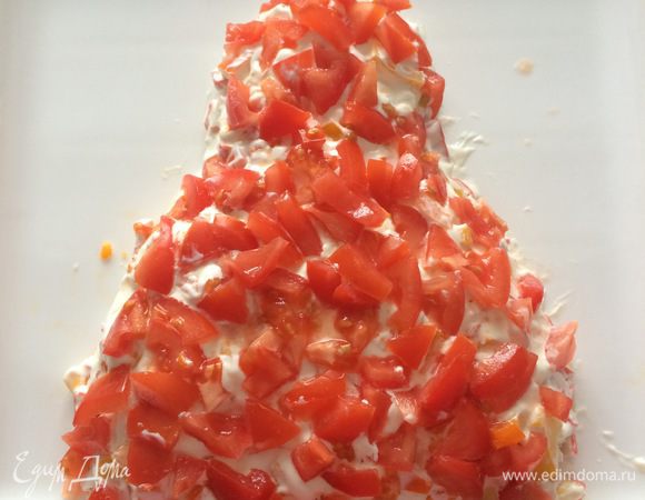 Четвертый слой — помидоры, порезанные кубиком, майонез.