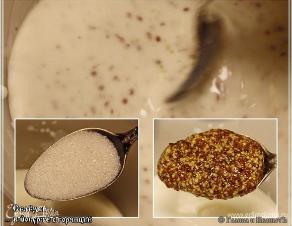 На три селедки, а они у нас был достаточно крупные, йогурта мы взяли 0,5 литра. Сахара — 3 столовые ложки. Горчицы — 3 столовые ложки. 
Как я уже говорил, что приготовление соуса для селедки — шаманство чистой воды. Соразмеряйте количества сахара и горчицы со своими вкусами и степенью просоленности селёдки. В общем, добейтесь сбалансированного по кислости-сладости-остроты вкуса. А потом надо все очень хорошо, тщательно перемешать. И пусть минут пятнадцать постоит, типа настоится.