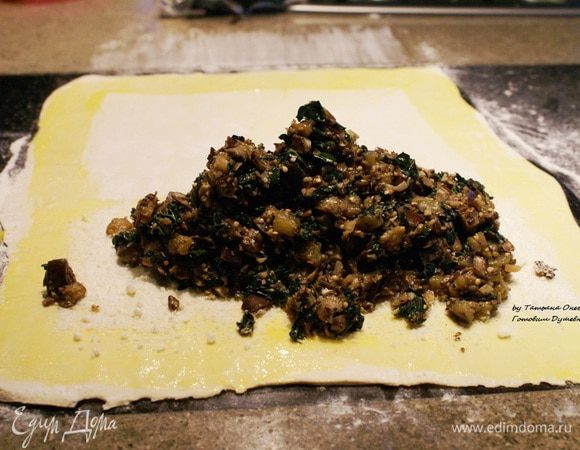 Духовку включить на 180°С. Немного раскатать тесто, края смазать желтком. Выложить начинку по центру, а края наложить друг на друга.
