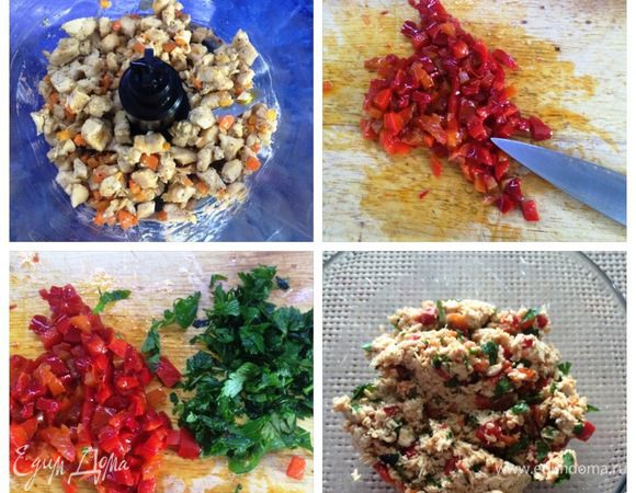 Готовое филе с овощами измельчаем при помощи блендера.
Режем кубиками маринованный перец (у меня маринованные гогошары собственного приготовления http://www.edimdoma.ru/retsepty/58137-marinovannye-gogoshary).
Нарезаем зелень.
Смешиваем измельченное филе, гогошары и зелень.
Начинка готова.
