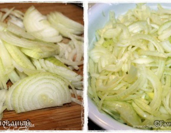 Значит что? Режем лук. Вот так. Мы взяли наш обычный и даже прошлогодний. 
НО!!!
Я сразу, по ходу, буду вставлять всякие свои мнения, которые уже потом родились и окрепли.
Итак. Можно попробовать взять смесь луков, а можно использовать только белый. Узбекский. Который салатный. И добавить к нему немного обычного, для пикантности.
