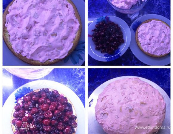 Собираем торт. 
Зрительно делим бисквит со сливками на 2 части и одной частью наполняем торт. Затем укладываем сверху наши ягоды и покрываем их оставшимся бисквитом. Подравниваем, придаем торту форму, т.к. у меня было очень много ягод.