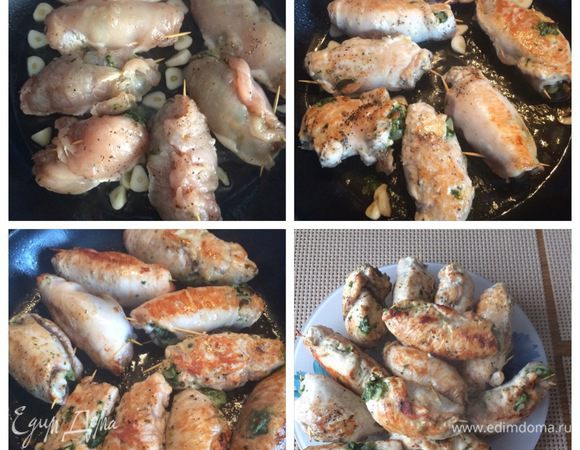 На сковородке с оливковым маслом обжариваем немного порезанный чеснок (для запаха), вынимаем чеснок  и туда же поочередно выкладываем рулетики и обжариваем до корочки со всех сторон. 
Затем немного остужаем рулетики, чтобы можно было вынуть все зубочистки.