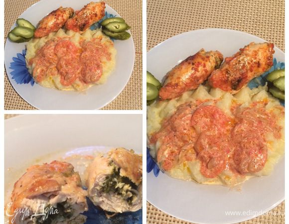 Вынимаем форму из духовки и подаем с любимым гарниром, салатом, чего только ваша душа пожелает. 
Я подавала с пюре и маринованными огурчиками. Было очень вкусно.
Приятного аппетита!