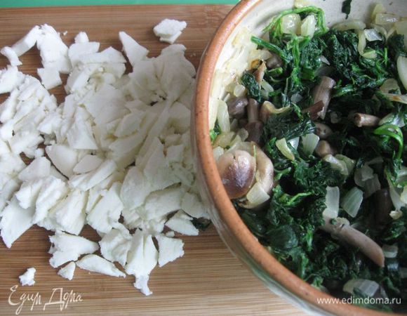 Лук очистить, порезать, обжарить на топленом масле почти до готовности. Опята отварить в течение 10 минут в подсоленной воде. 
Грибы откинуть на сито, дать стечь воде разделить на 2 неравные кучки. Одну, где меньше грибов, оставить для украшения верха киша, остальные  порезать, если грибы крупные. Добавить грибы к обжаренному луку и подержать на сковороде вместе с луком 1 минуту на маленьком огне. Моцареллу порезать на кусочки.
Шпинат бланшировать (вода должна прикрывать шпинат наполовину) 5 минут. Откинуть на сито, обдать холодной водой, отжать руками, чтобы не было излишков жидкости. Порезать.
Духовку разогреть до 190°C. Яйца смешать со сливками, посолить, поперчить, перемешать.
Смешать грибы, кроме тех, которые оставлены на украшение верха киша, с частью шпината.
